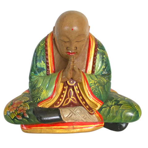 Namaste Zen Buddha Meditating Statue Painted Carved Wood Sculpture Balinese Art