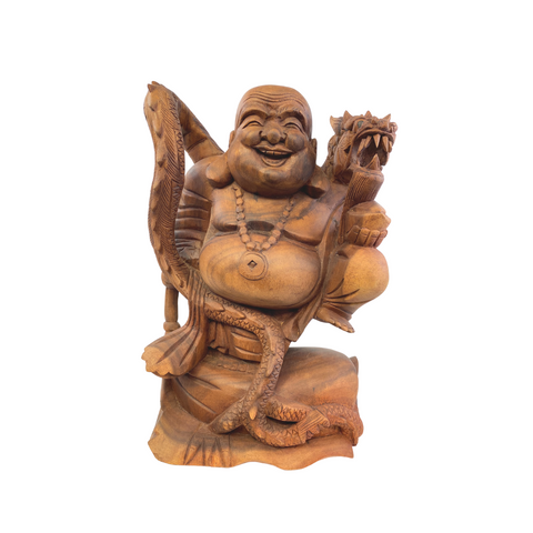 Prosperity Buddha with Dragon Statue Balinese hand carved wood Sculpture Art