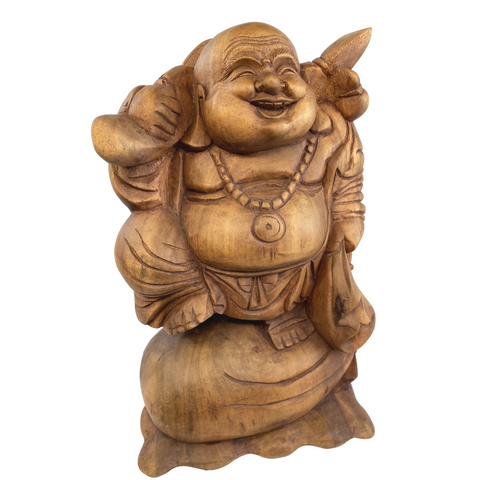 Traveling Hotei Laughing Buddha of Good Fortune Statue Wood Carving