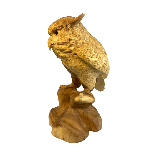 Perched Owl Wood Carving Sculpture