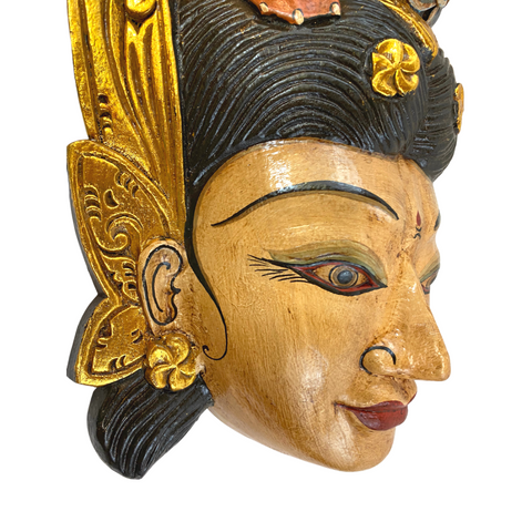 Balinese Dewi Deva Saraswati Goddess with Swan Hindu Goddess of Art  Knowledge Polychrome Mask Wall art hand carved wood Bali Folk Art