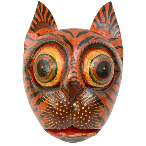Balinese tiger Cat Feline Drama Mask Black Kitty Scaredy-cat Bali Wall Art hand carved wood Carving Wall Art