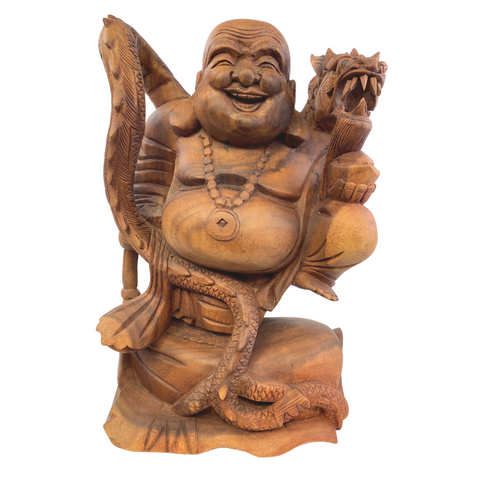 Buddha with Dragon Statue Balinese hand carved wood Sculpture Art