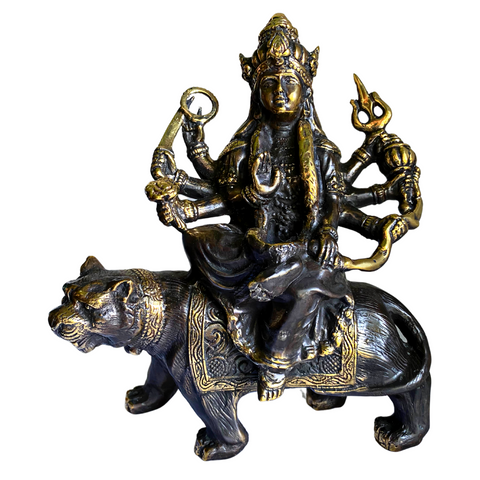 Balinese Dewi Durga Shakti Warrior Goddess Seated upon Tiger, bronze Statue