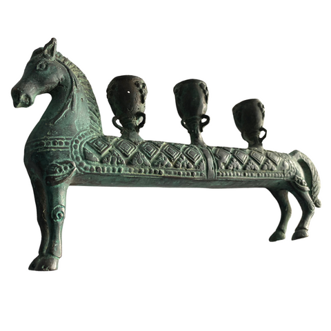 Tribal Horse Candelabra Statue Candle holder Verdigris Bronze Indonesian art