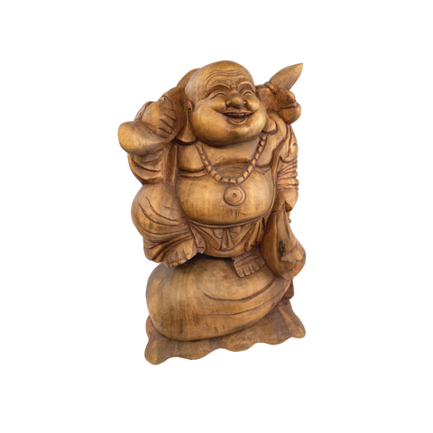 Traveling Hotei Laughing Buddha of Good Fortune Statue Wood Carving
