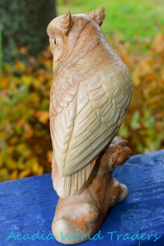 Wise Owl Perched Statue Wood Carving Rustic Hand Carved - Acadia World Traders
