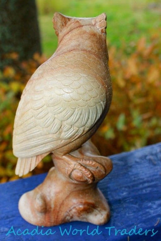 Wise Owl Perched Statue Wood Carving Rustic Hand Carved - Acadia World Traders