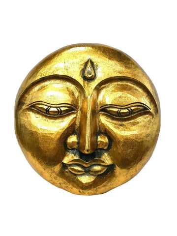 Golden Chandra Man in the Moon Wall Art sculpture Hand Carved Wood Plaque - Acadia World Traders