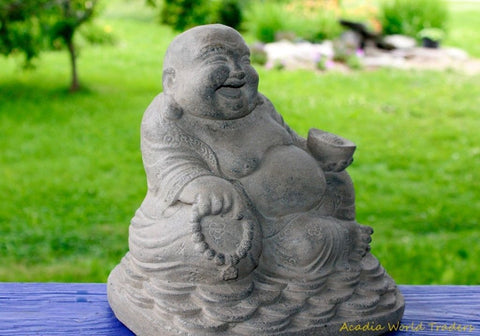 Happy Buddha Hotei Garden Statue Good Fortune cast lava stone Bali Yard Art
