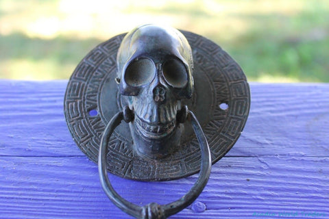Vintage Gothic Skull Door Knocker Handle Verdigris Cast Bronze Balinese Art - Acadia World Traders