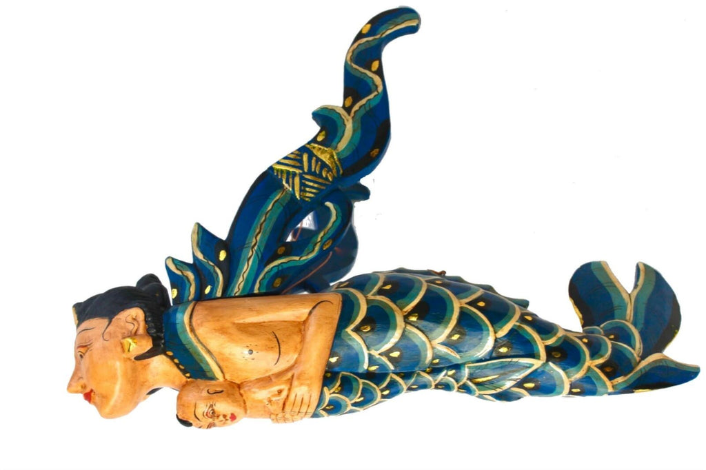 Winged Mermaid Mobile Mother baby Cradle Guardian Bali Art Hand Carved wood Teal - Acadia World Traders