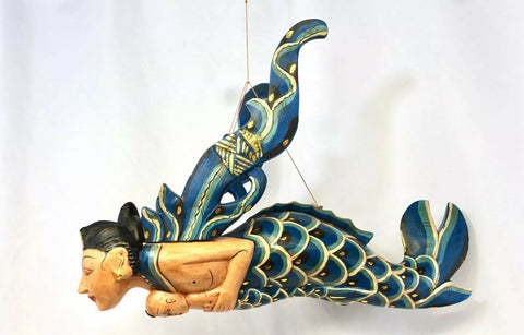 Winged Mermaid Mobile Mother baby Cradle Guardian Bali Art Hand Carved wood Teal - Acadia World Traders
