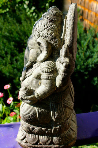 Lotus Ganesha Garden Statue cast stone Hindu Elephant God Sculpture Balinese art