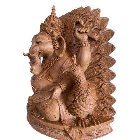 Ganapati Ganesha Sitting with Vahana Peacock Sculpture Balinese wood carving statue