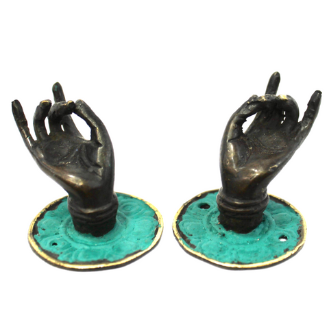 Vintage Buddha Mudra hands Bronze drawer pull knob hook handle Bali Art set 2