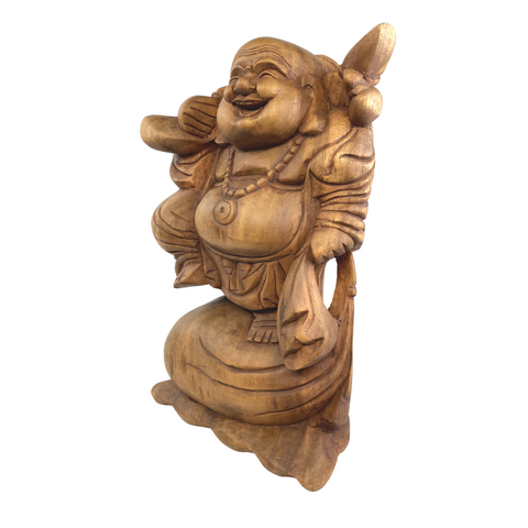 Laughing Traveling Buddha Statue Hand Carved Wood Hotei Good Luck Bali Art