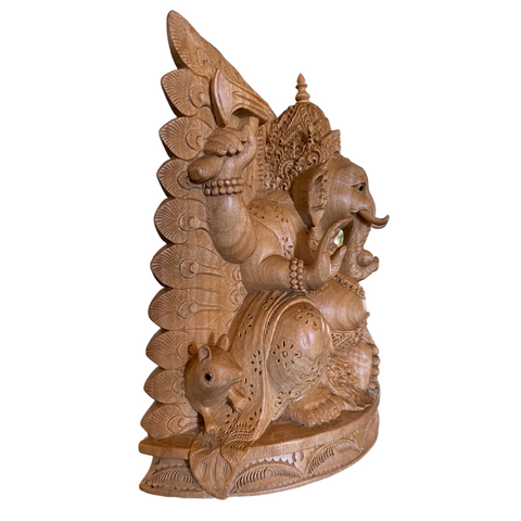 Ganapati Ganesha Sitting with Vahana Peacock Sculpture Balinese wood carving - Acadia World Traders