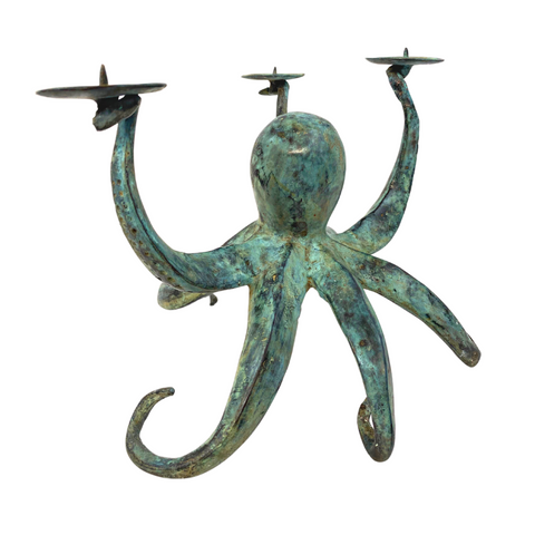  Octopus Cephalopod Sealife tentacles Candelabra Statue Candle Holder nautical decor Verdigris Bronze Indonesian art