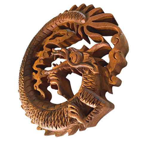 Balinese Dragon Naga Wall Art Relief Round Panel Hand Carved Wood Asian Decor