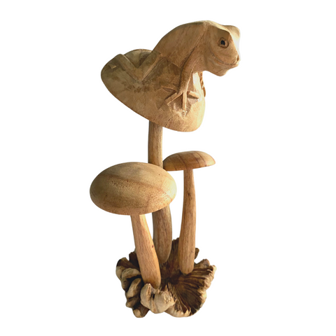 Magic Mushroom Frog sitting Shroom Parasite Wood Carving Bali Art Sculpture