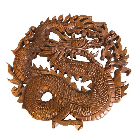 Dragon Naga Bali Wall Art Relief Round Panel Hand Carved Wood Asian Decor