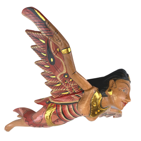 Flying Dewi Sri Goddess Demon Chaser Mobile Winged Carved Wood Bali art red 12"