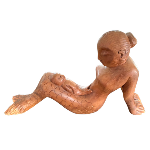 Mermaid Mother & Baby Sculpture Hand Carved wood Statue