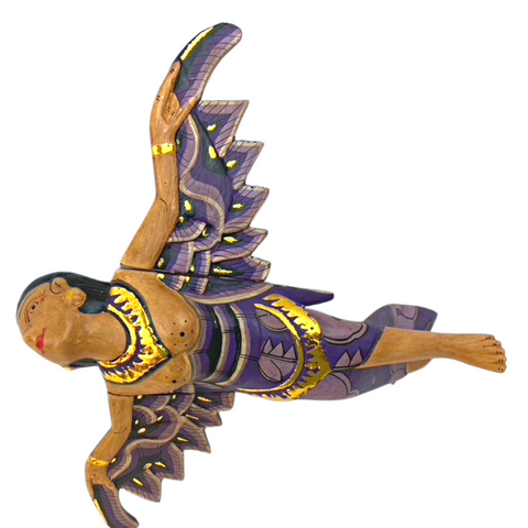 Flying Dewi Sri Mobile Purple Demon Chaser Goddess Crib Guardian Hand Carved Wood Balinese Folk Art 8"