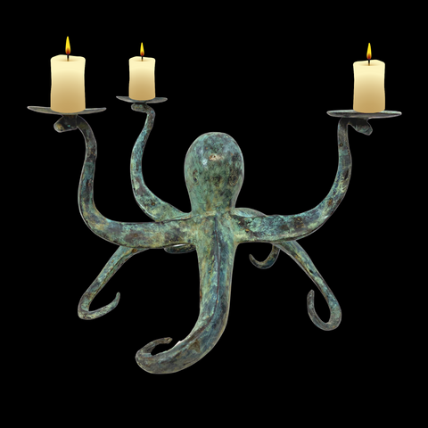Octopus Cephalopod Sealife tentacles Candelabra Statue Candle Holder nautical decor Verdigris Bronze Indonesian art