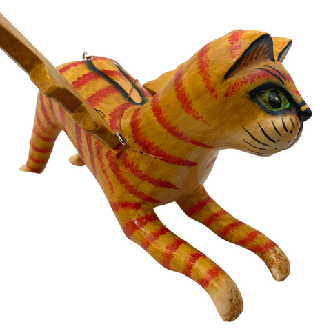Winged Cat Orange Tiger Striped Ginger kitty MOBILE Spirit Chaser cradle guardian carved wood Bali Folk