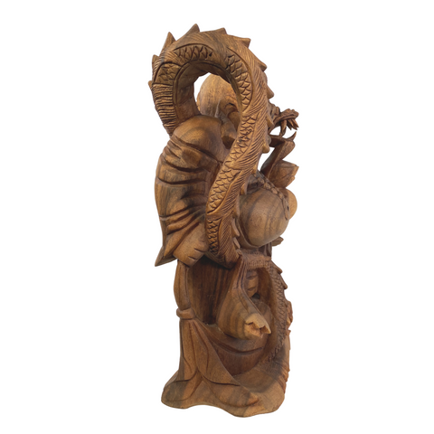 Prosperity Buddha with Dragon Statue Balinese hand carved wood Sculpture Art