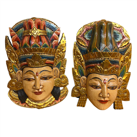 Balinese Rama & Sinta Mask God Goddess Ramayana Wall Decor Folk art carved wood