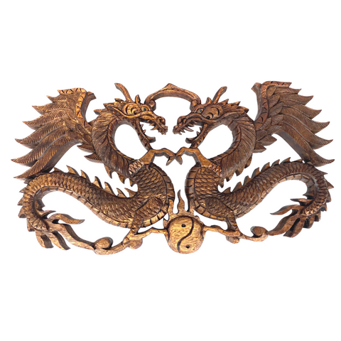 Twin Dragons Yin Yang  panel carved suar wood Balinese art