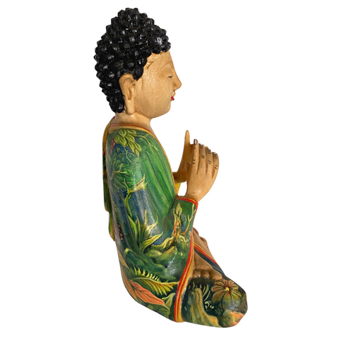 Jungle Buddha Manidhari Mudra Statue Painted Wood Carving Sculpture Bali Art