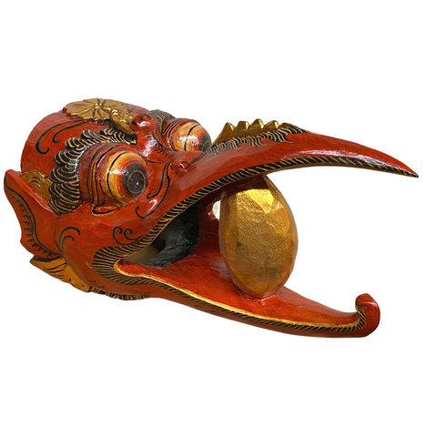 Balinese Garuda Mask Golden Egg Eagle Carved Wood Polychrome Bali Wall Art Red
