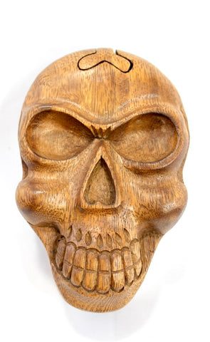 Skull Skeleton Secret Puzzle Trinket Box Hand Carved Wood handmade Bali art - Acadia World Traders