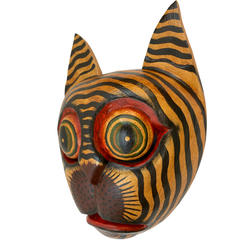 Balinese tiger Cat Feline Drama Mask Black Kitty Scaredy-cat Bali Wall Art hand carved wood Carving Wall Art