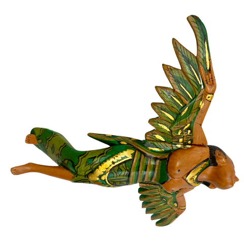 Flying Dewi Sri Goddess Mobile Demon Chaser Crib Guardian Green Hand Carved Wood Balinese Folk Art - Acadia World Traders