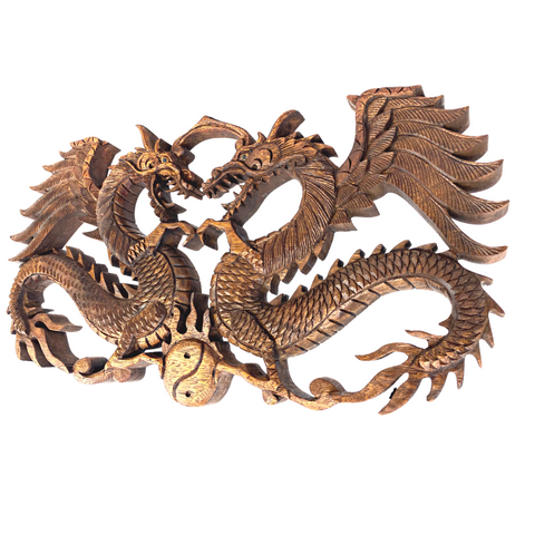 Twin Dragons Yin Yang  panel carved suar wood Balinese art