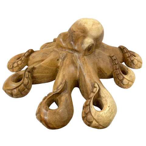 Octopus Wood carving Sculpture Sea-life Cephalopod Kraken Hand Carved statue Table top art Bali Nautical Beach decor
