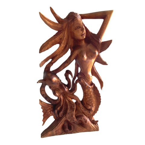 Mermaid Octopus Kraken Sculpture Wood Carving Statue Hand Carved