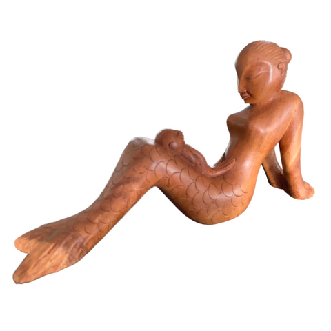 Mermaid Mother & Baby Sculpture Hand Carved wood Statue Handmade Balinese Art