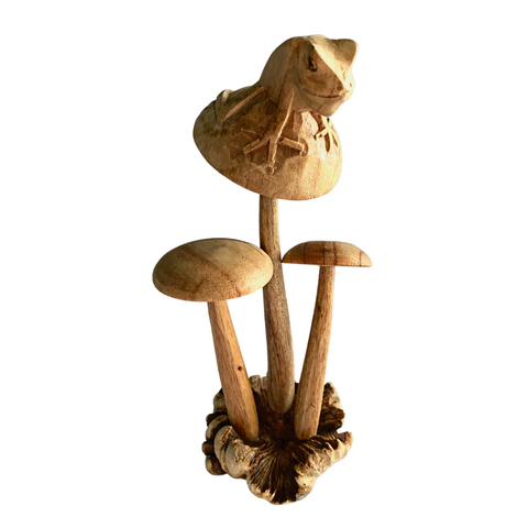 Magic Mushroom Frog sitting Shroom Parasite Wood Carving Bali Art Sculpture