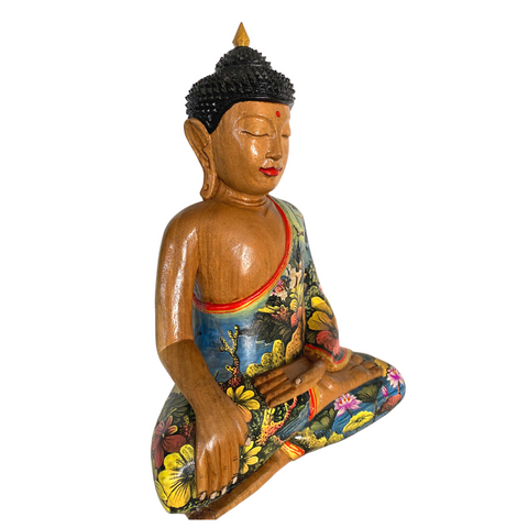 Bhumisparsha Mudra Buddha Sculpture Painted & Carved Wood Statue Balinese art