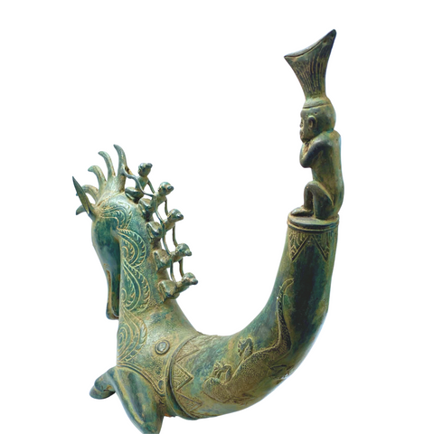 Tribal Seahorse Betel Nut Lime Container Vintage Sumatran Bronze Indonesian Art