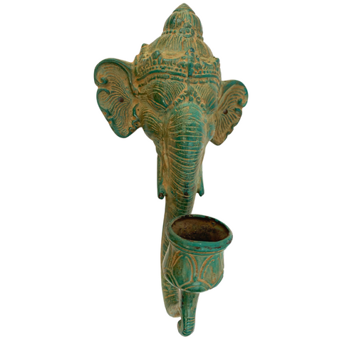 Ganesha Elephant Verdigris Bronze Wall Sconce Candle stick Holder Bali art