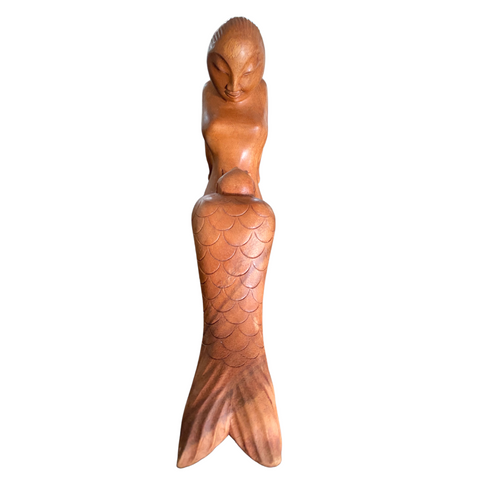 Mermaid Mother & Baby Sculpture Hand Carved wood Statue Handmade Balinese Art