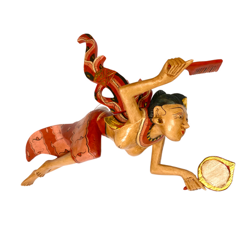 Winged Dewi Sri Moon Goddess Mobile Cradle Guardian Carved Wood Bali Art red 16"
