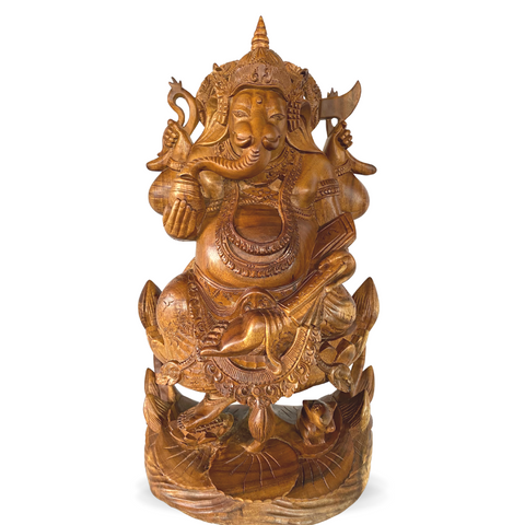 Ganesha Padma Base Statue Sculpture Hand Carved Wood Carving Balinese Art 18"